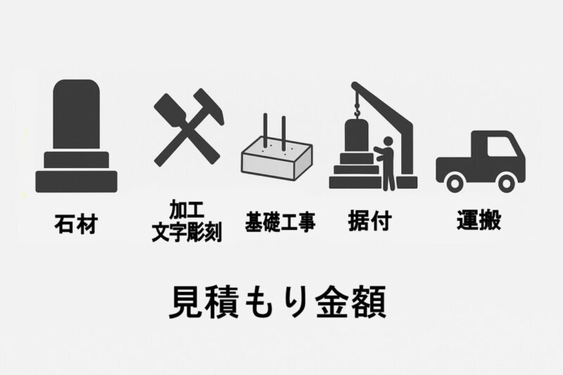 お墓の見積もり金額の内訳。石材・加工文字彫刻・基礎工事・据付・運搬が含まれていることを示すイラスト